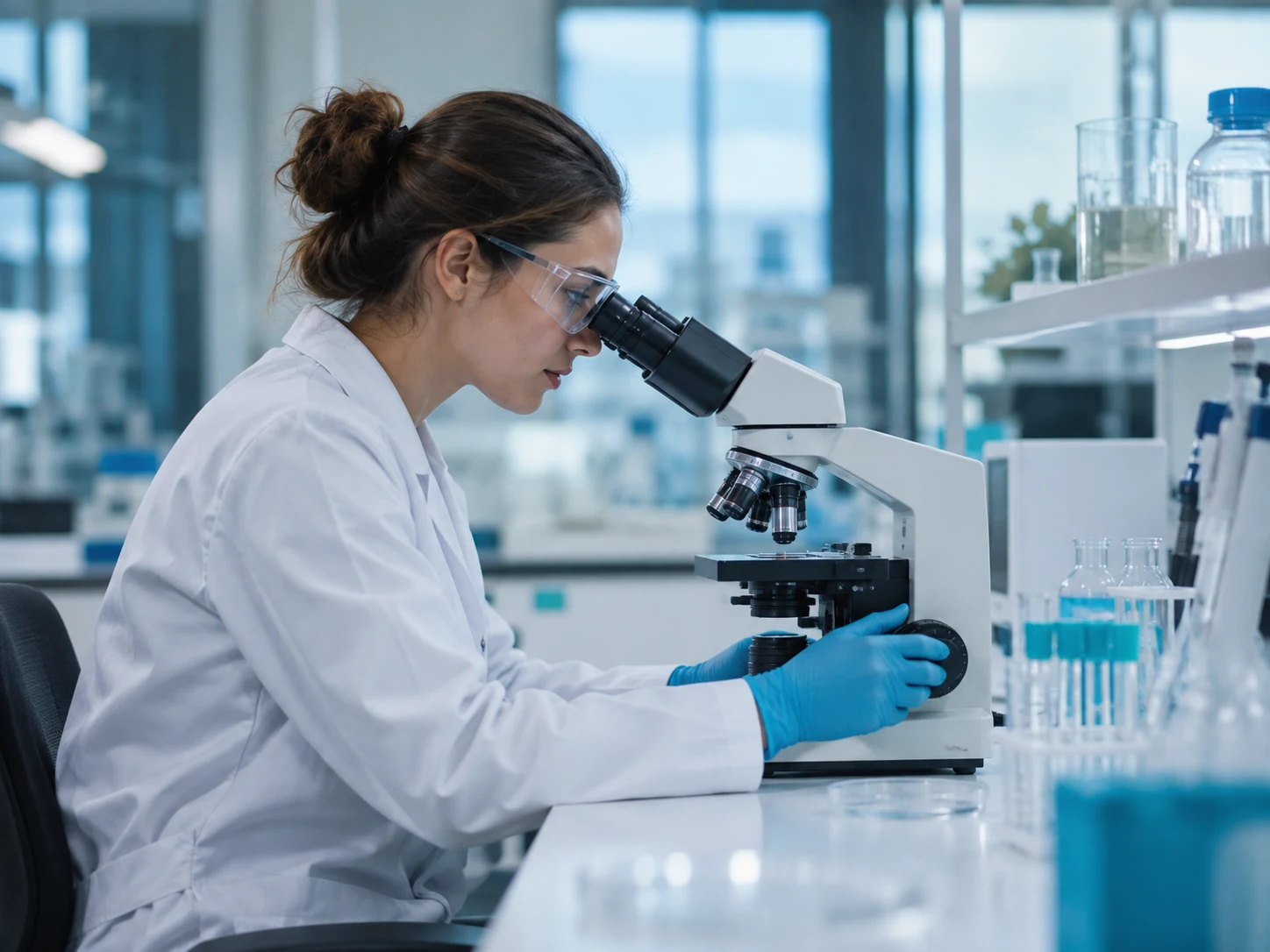 Illustrative researcher using a microscope