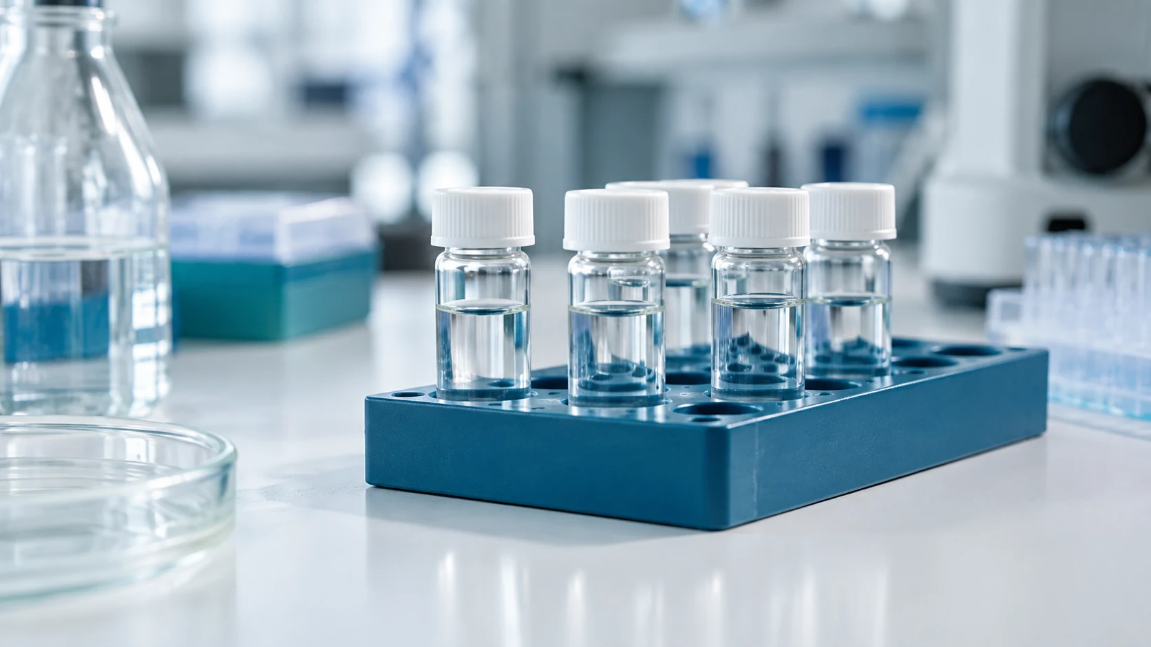 Illustrative protein sample vials on a laboratory bench