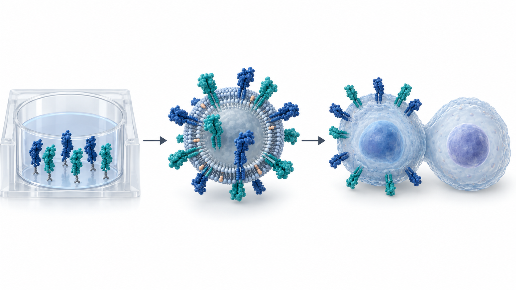 Conceptual comparison of immobilized protein, membrane-presented VLP, and target-positive versus target-negative cell-surface assay contexts for Claudin 18.2.